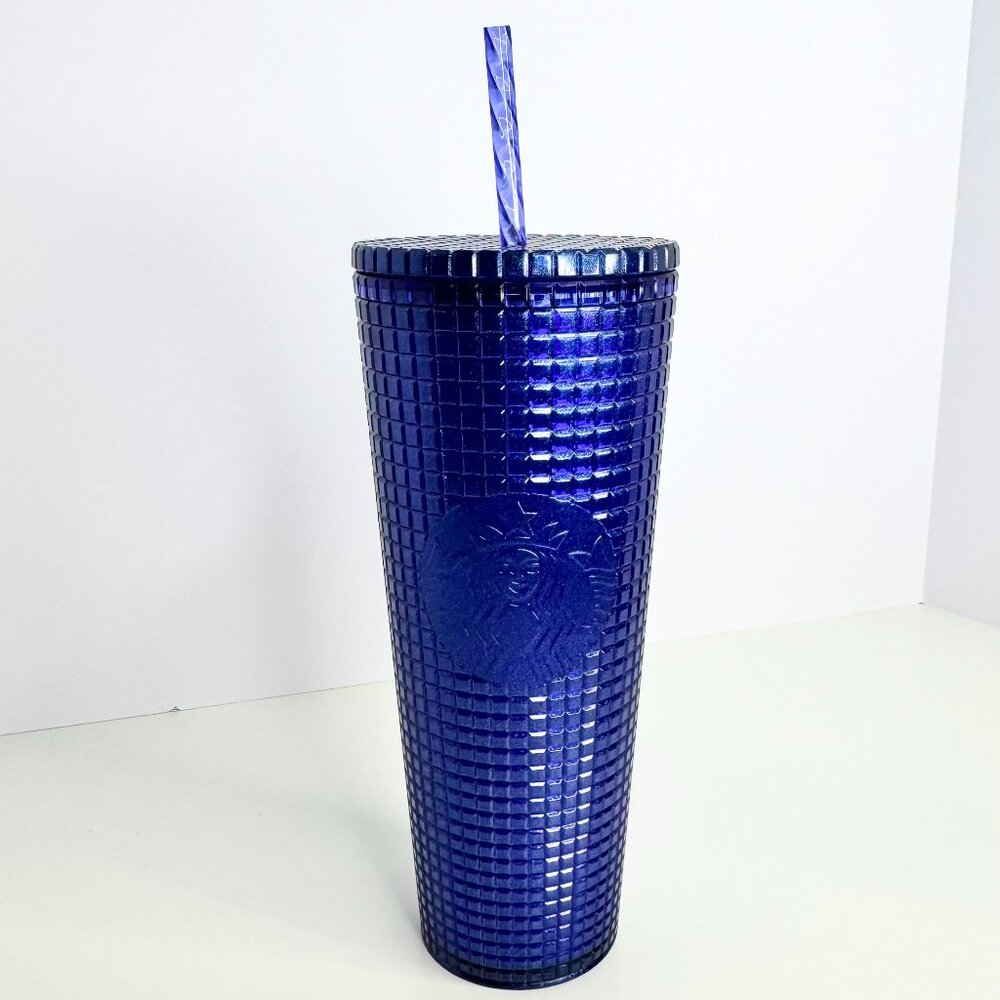 24oz‎ Starbucks ‘Cobalt Blue Pearl Grid’ Glitter Tumbler + straw Venti Cold Cup